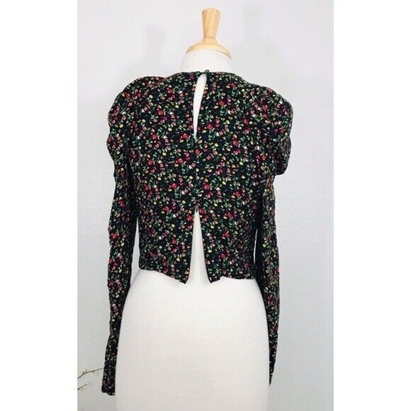AFRM Top Garden Floral Blouse Puffed Drape Sleeve Black Viscose Zip, M - Picture 7 of 16